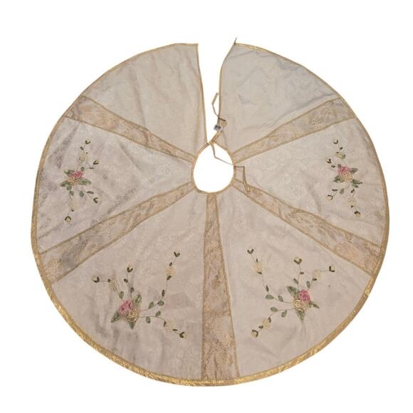 Kurt Adler 48" Round Ivory Gold Trim Embroidered Flower Christmas Tree Skirt - Picture 1 of 5